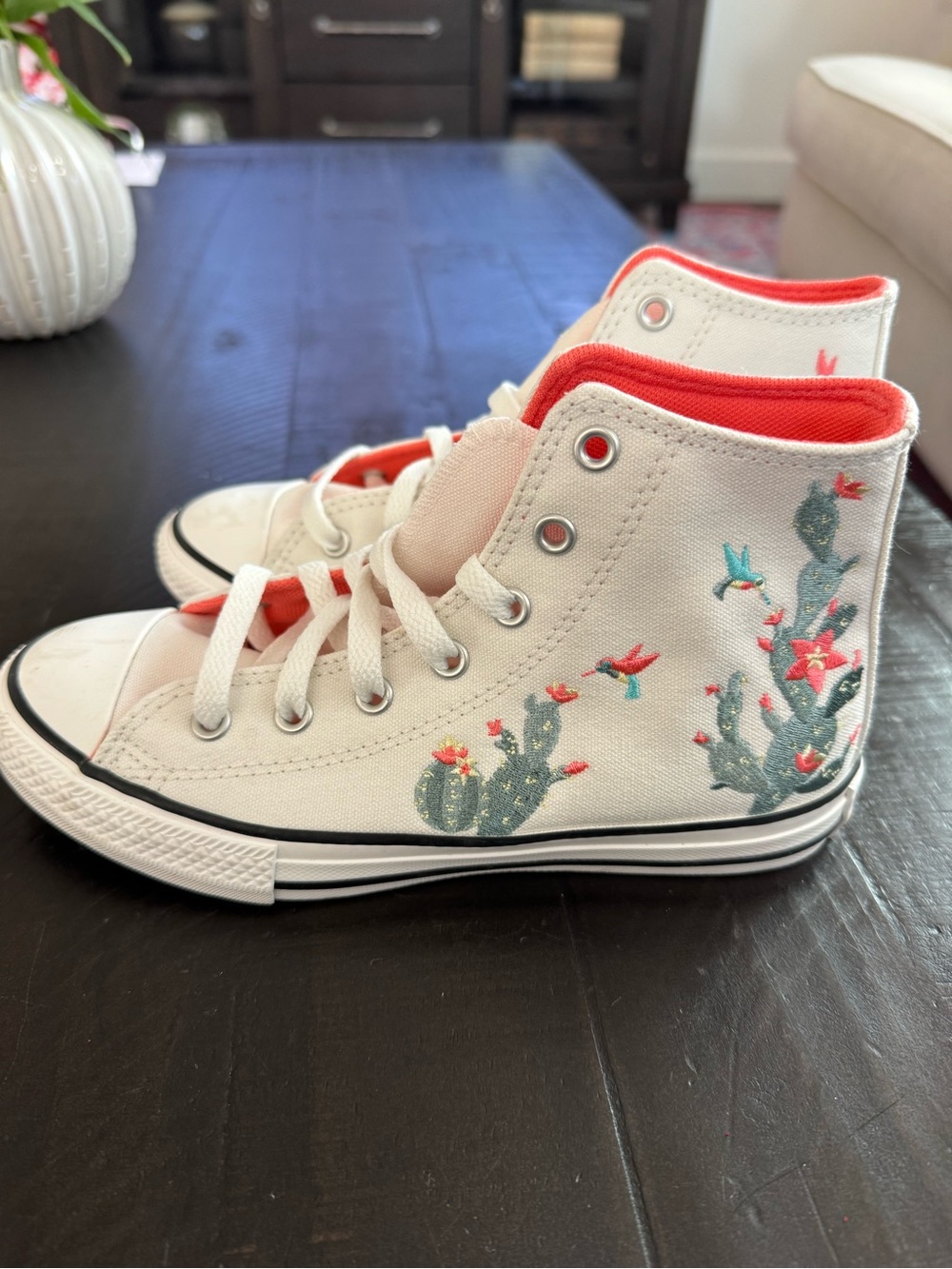 Converse Kids White High-Top Sneakers with Pink Lining & Cactus Embroidery